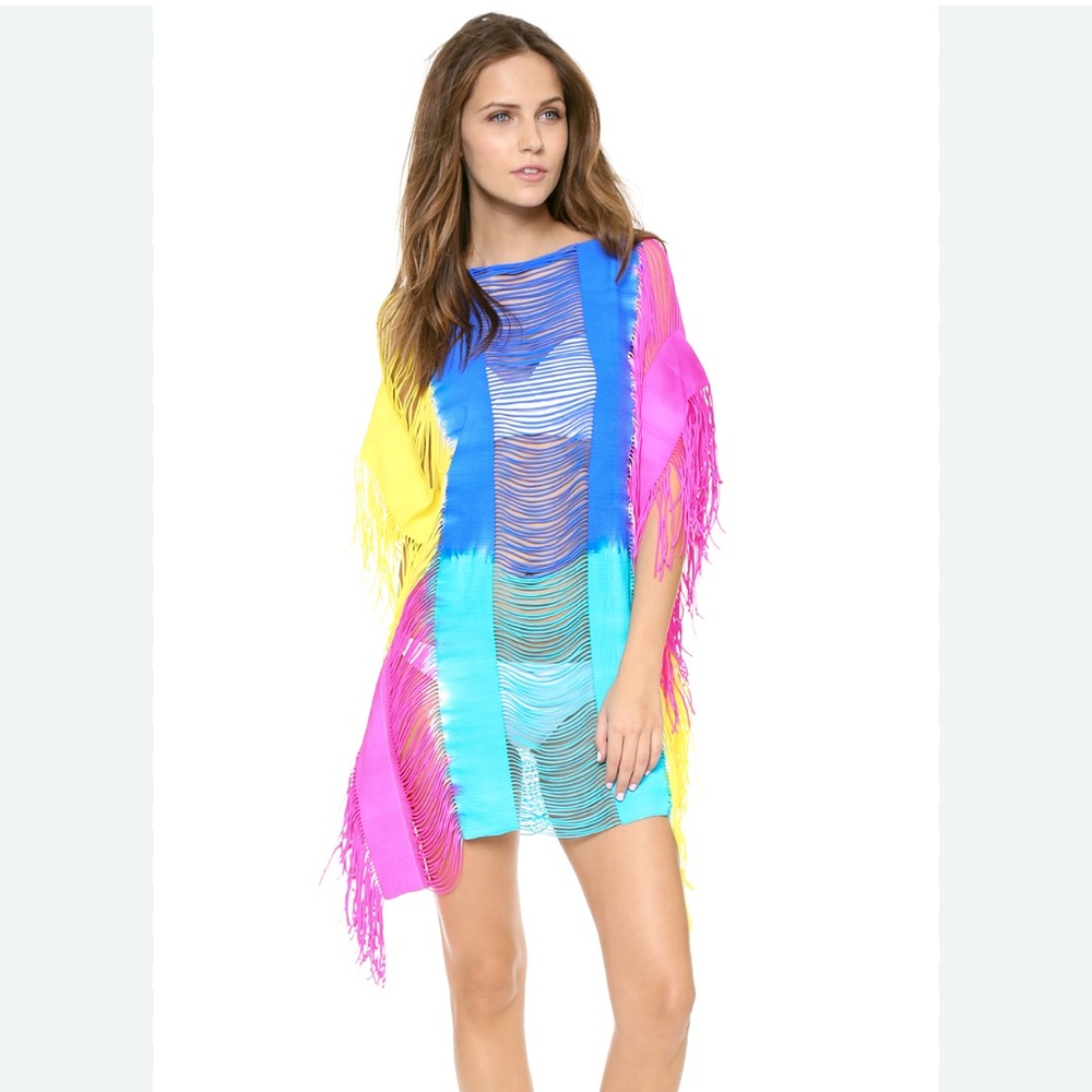 PilyQ Swim - Neon Tie-Dye Colorful Fringe Cover-Up Dress - Size: M/L